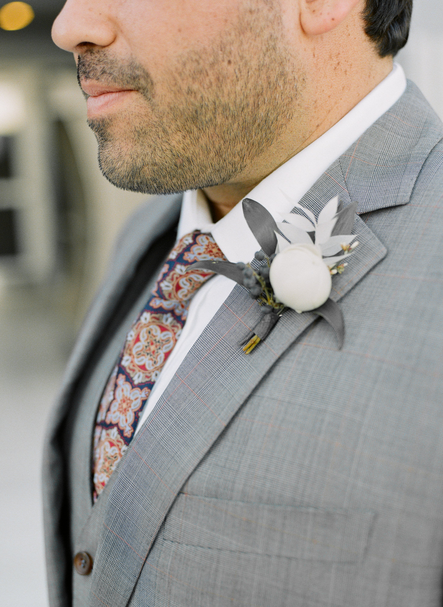 Groom tie and white boutineer; St. Louis fine art film wedding photographer Erica Robnett Photography