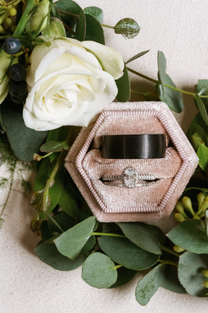 Bride and groom wedding rings; St. Louis wedding photographer