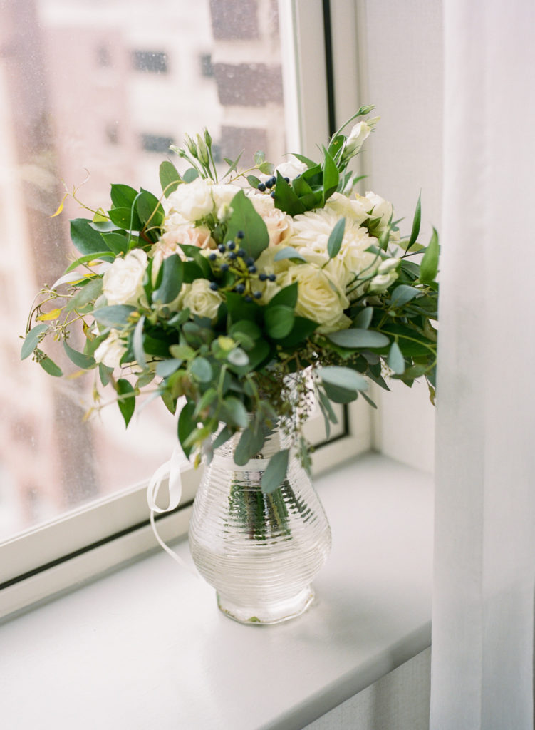 White and greenery bridal bouquet; St. Louis film wedding photographer