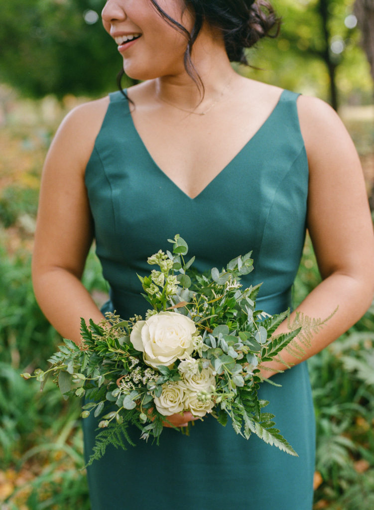 Bridesmaid portrait and white bouquet; St. Louis fine art film wedding photographer Erica Robnett Photography