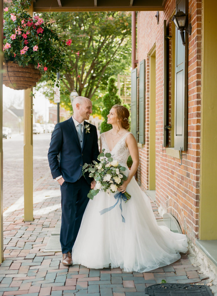 Bride and Groom Portrait at Main Street St. Charles Missouri; St. Louis wedding photographer