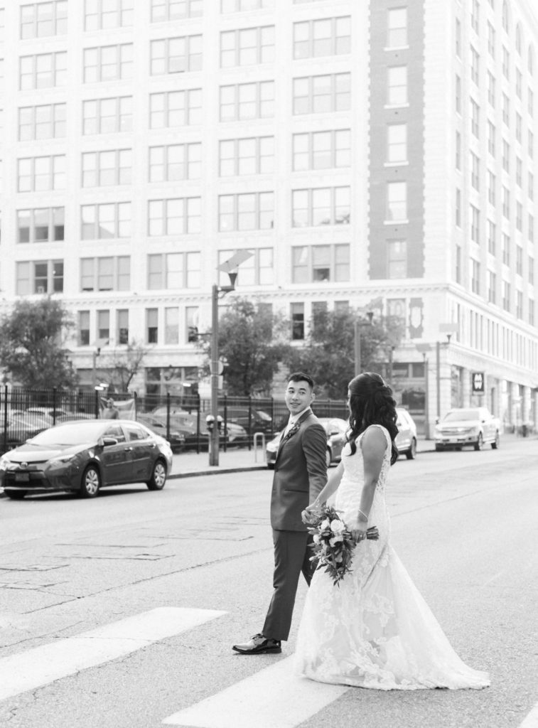 Bride and Groom in downtown St. Louis; St. Louis wedding photographer