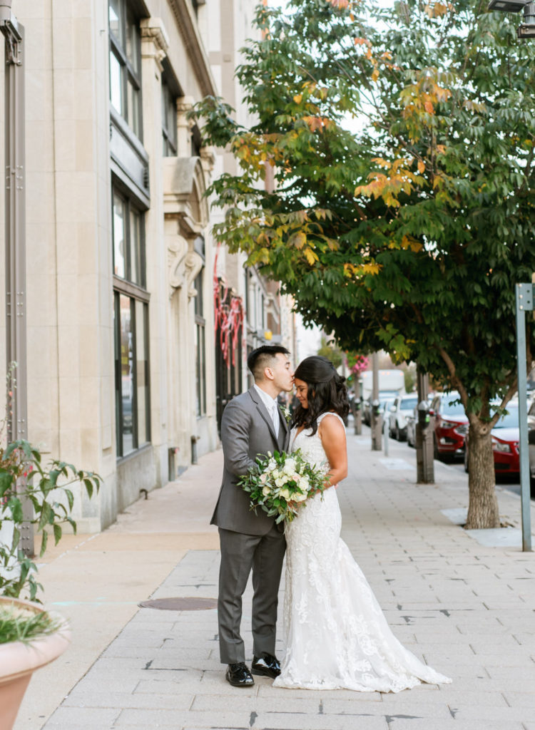 Bride and Groom in downtown St. Louis; St. Louis wedding photographer