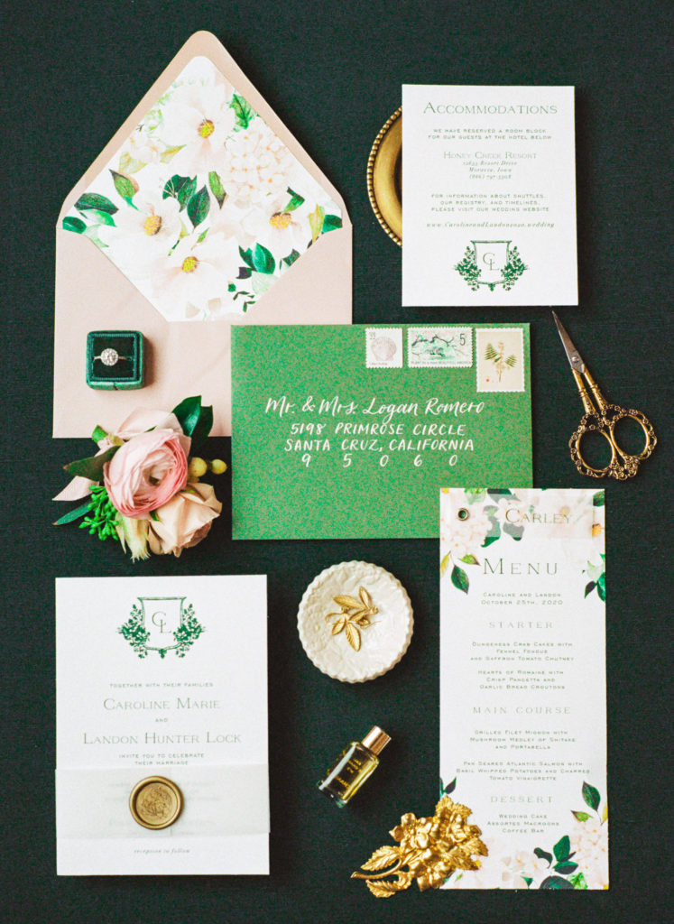 Peach, pink, and emerald wedding invitation and details; St. Louis wedding photographer Erica Robnett Photography