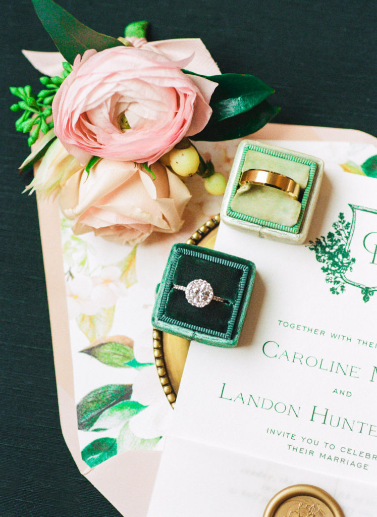 Peach, pink, and emerald wedding invitation and rings; St. Louis wedding photographer Erica Robnett Photography