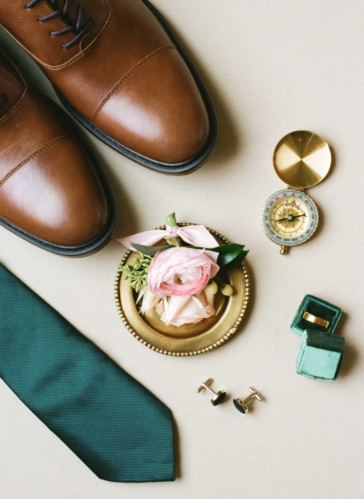 Emerald, pink, and gold groom details; St. Louis wedding photographer Erica Robnett Photography