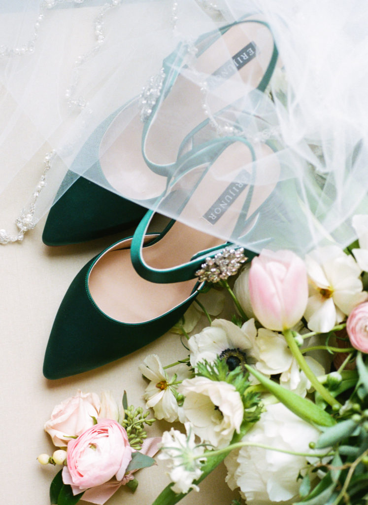 Emeral wedding shoes and pink and white florals; St. Louis wedding photographer