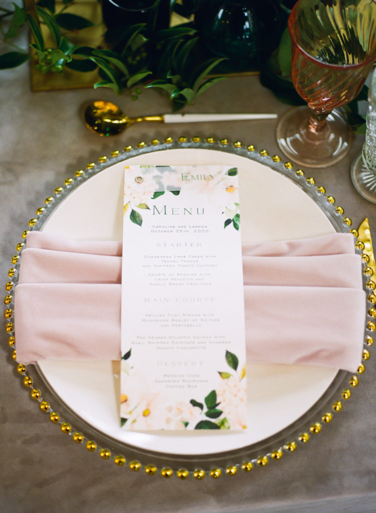 Pink and gold reception decor menu cards; St. Louis wedding photographer Erica Robnett Photography