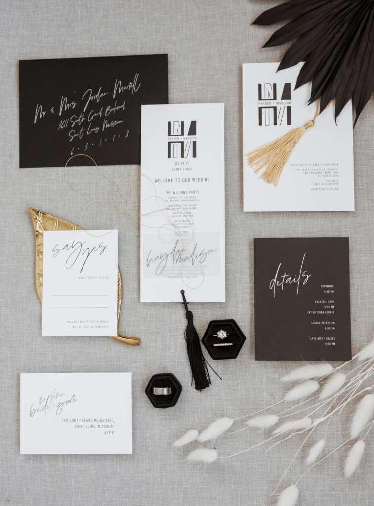 Black, white, and gold wedding invitation