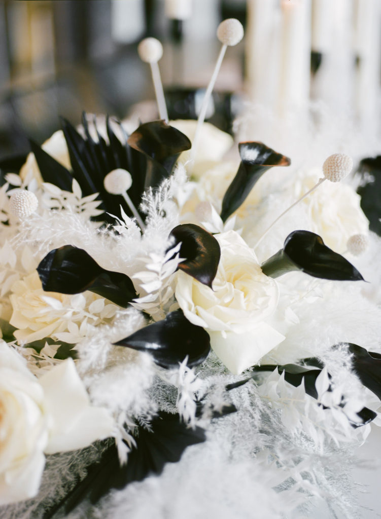Black and white wedding floral decor