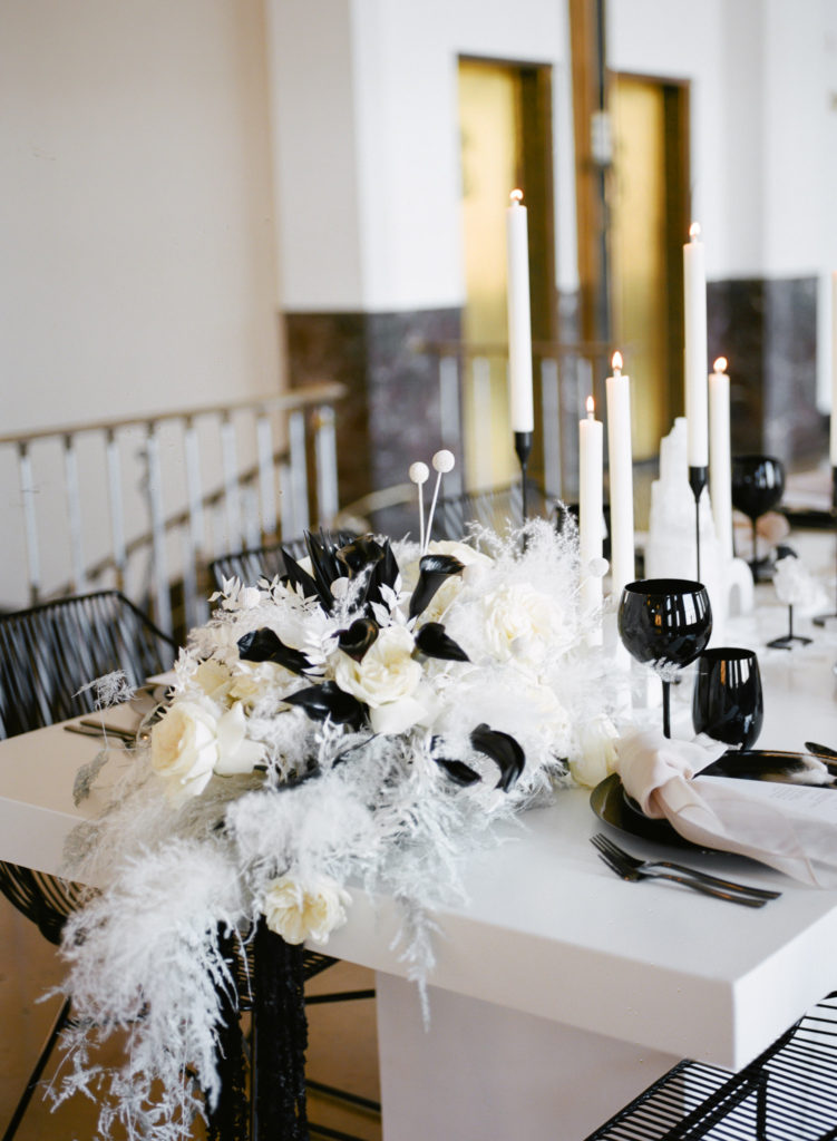 Black and white wedding reception at St. Louis wedding venue The Noble; St. Louis wedding photographer Erica Robnett Photography