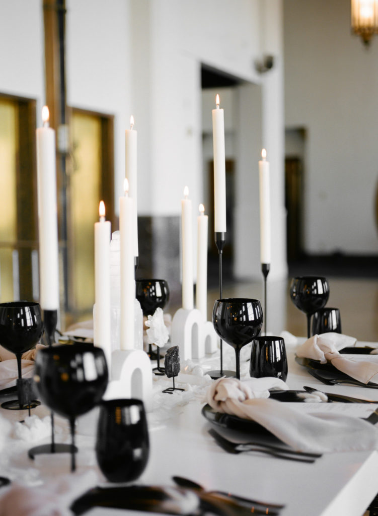 Black and white wedding reception at St. Louis wedding venue The Noble