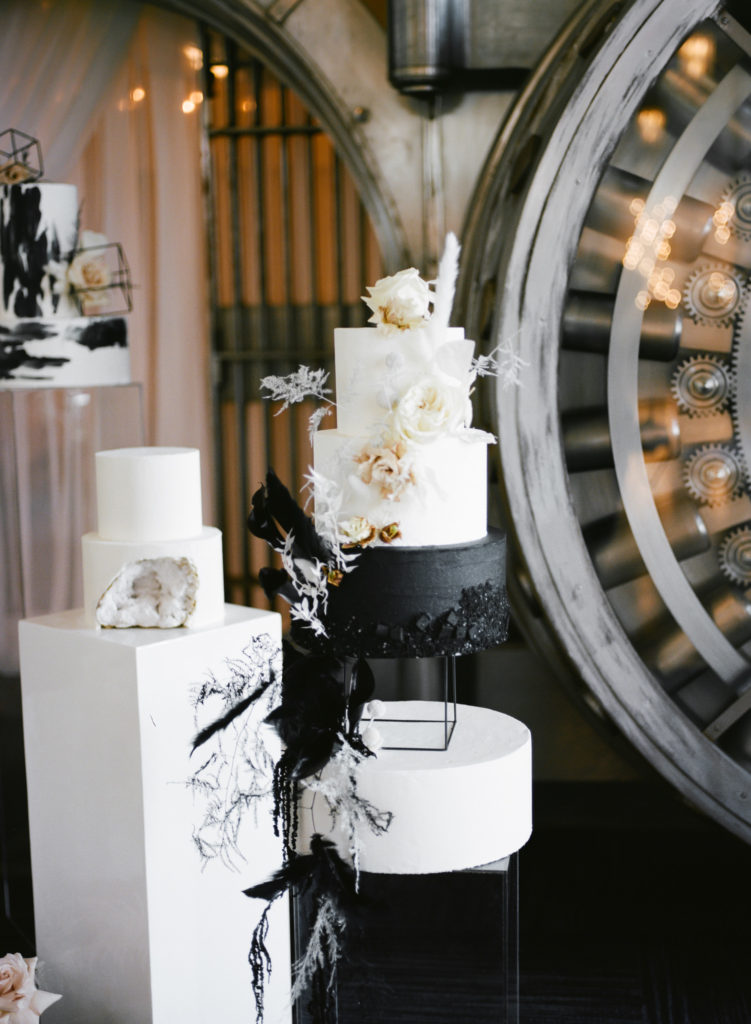 Black and white cake at St. Louis wedding venue The Noble; St. Louis wedding photographer