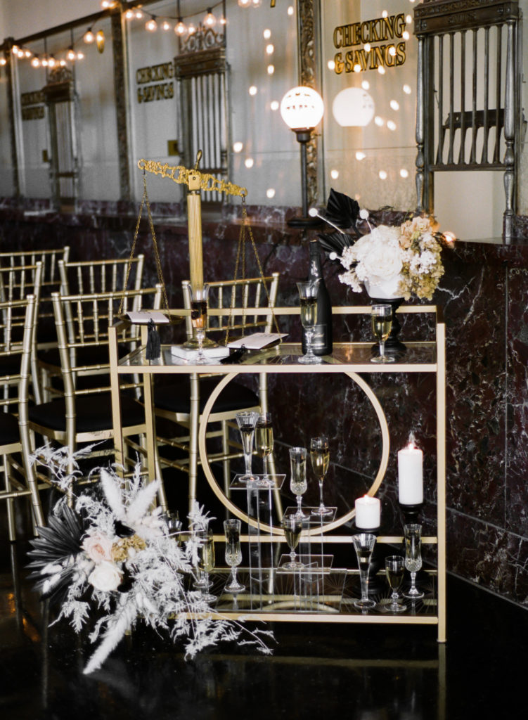 Gold, black and white wedding drink cart at St. Louis wedding venue The Noble