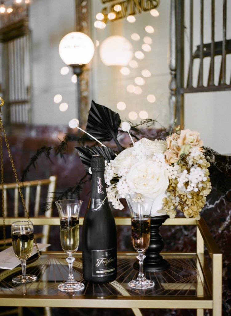Gold, black and white wedding drink cart at St. Louis wedding venue The Noble