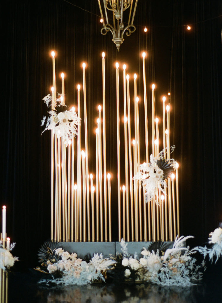 Gold candle wedding ceremony backdrop; St. Louis wedding photographer