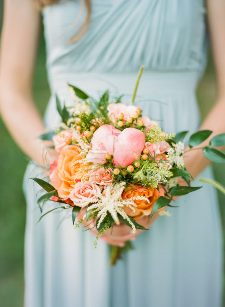 Pink and peach wedding florals; St. Louis fine art film wedding photographer