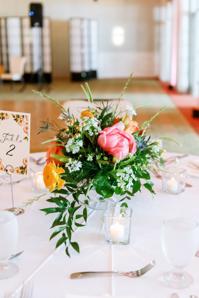 Pink and yellow wedding florals; St. Louis wedding photographer