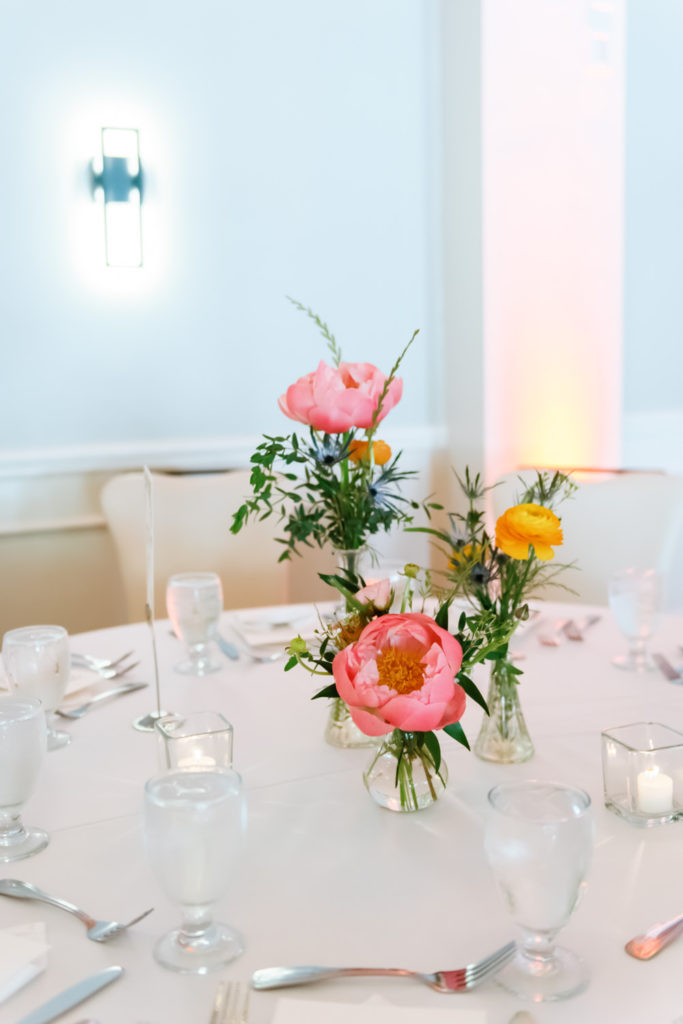 Pink and yellow wedding florals; St. Louis wedding photographer