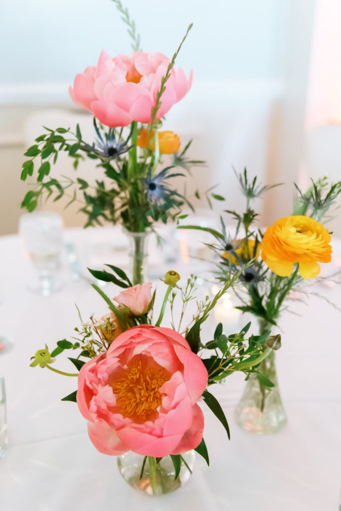 Pink and yellow wedding florals; St. Louis wedding photographer
