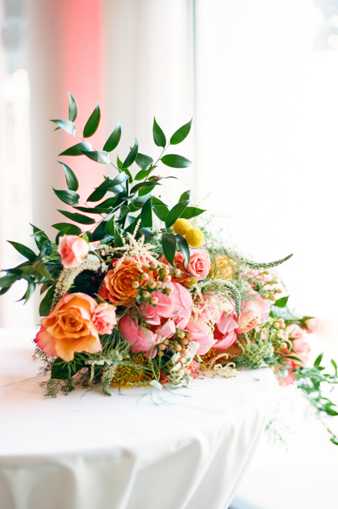Pink and peach wedding florals; St. Louis fine art film wedding photographer