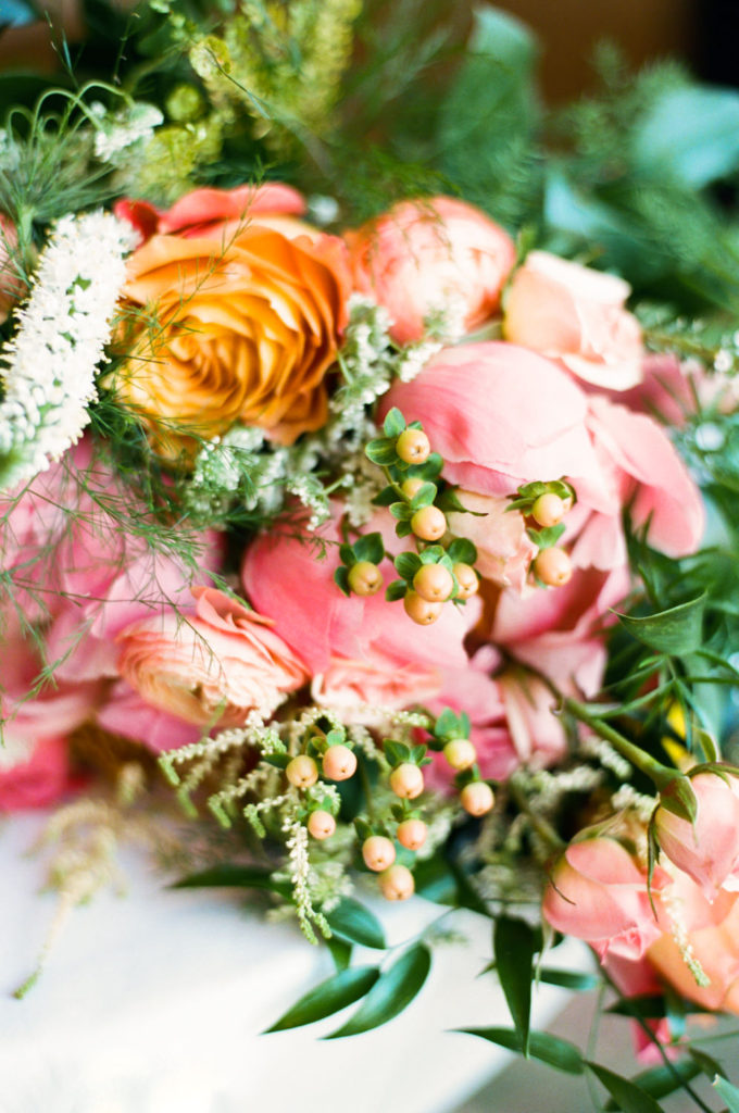 Pink and peach wedding florals; St. Louis fine art film wedding photographer