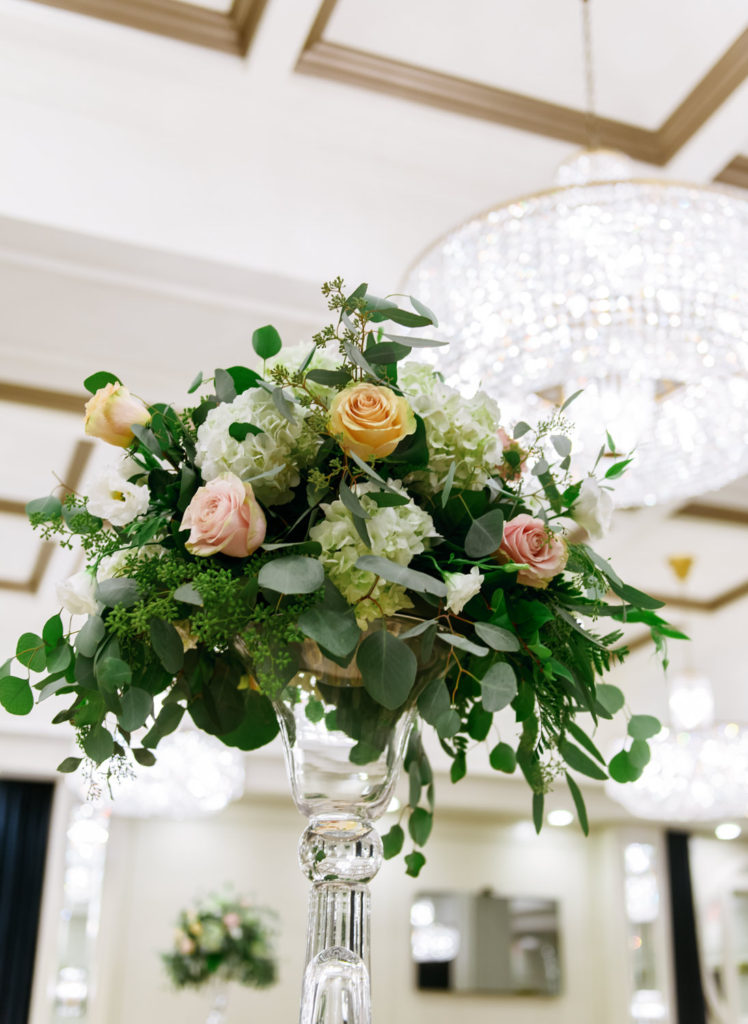 Table flowers at St. Louis wedding reception venue Hotel St. Louis; St. Louis fine art film wedding photographer