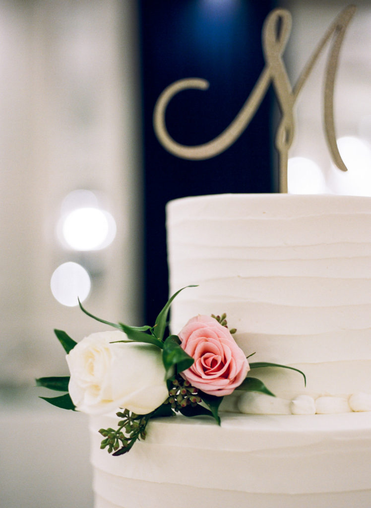 Blush and white wedding cake; St. Louis fine art film wedding photographer