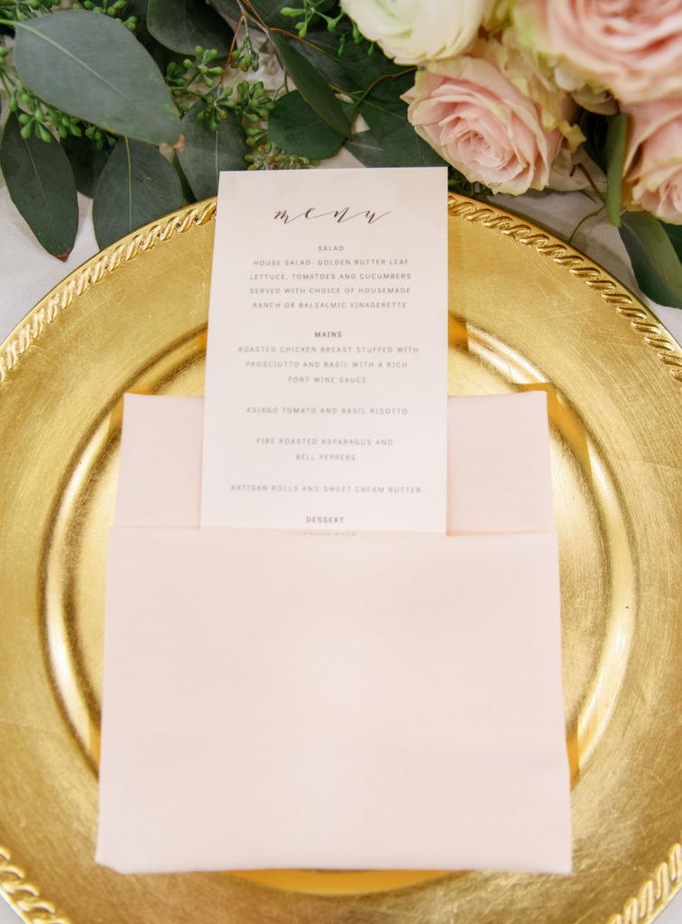 Gold and blush wedding menu; St. Louis fine art film wedding photographer