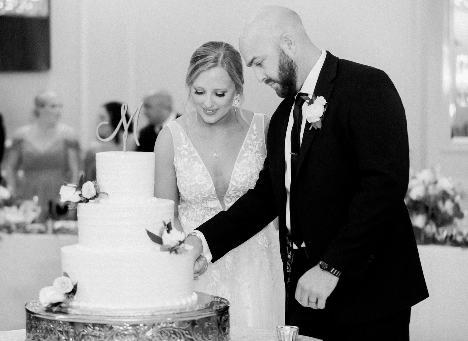 Bride and groom cut cake; St. Louis fine art film wedding photographer